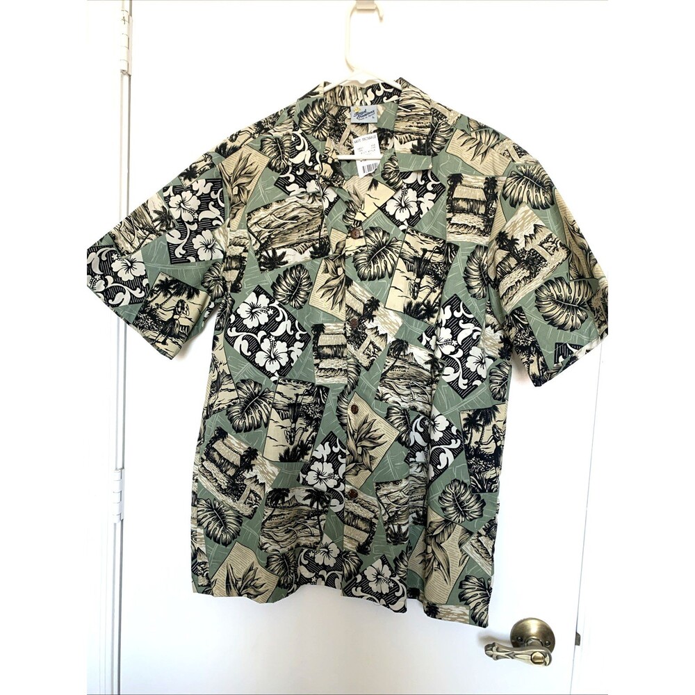 Royal Creations Hawaiian Shirt Mens XL Green Yellow Aloha Dancing Girls Cotton
